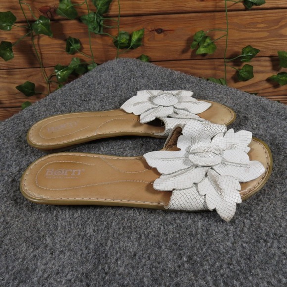 Born Mai Womens 6 White Leather Floral Slide Flat Comfort Sandals Casual Summer - Picture 3 of 6